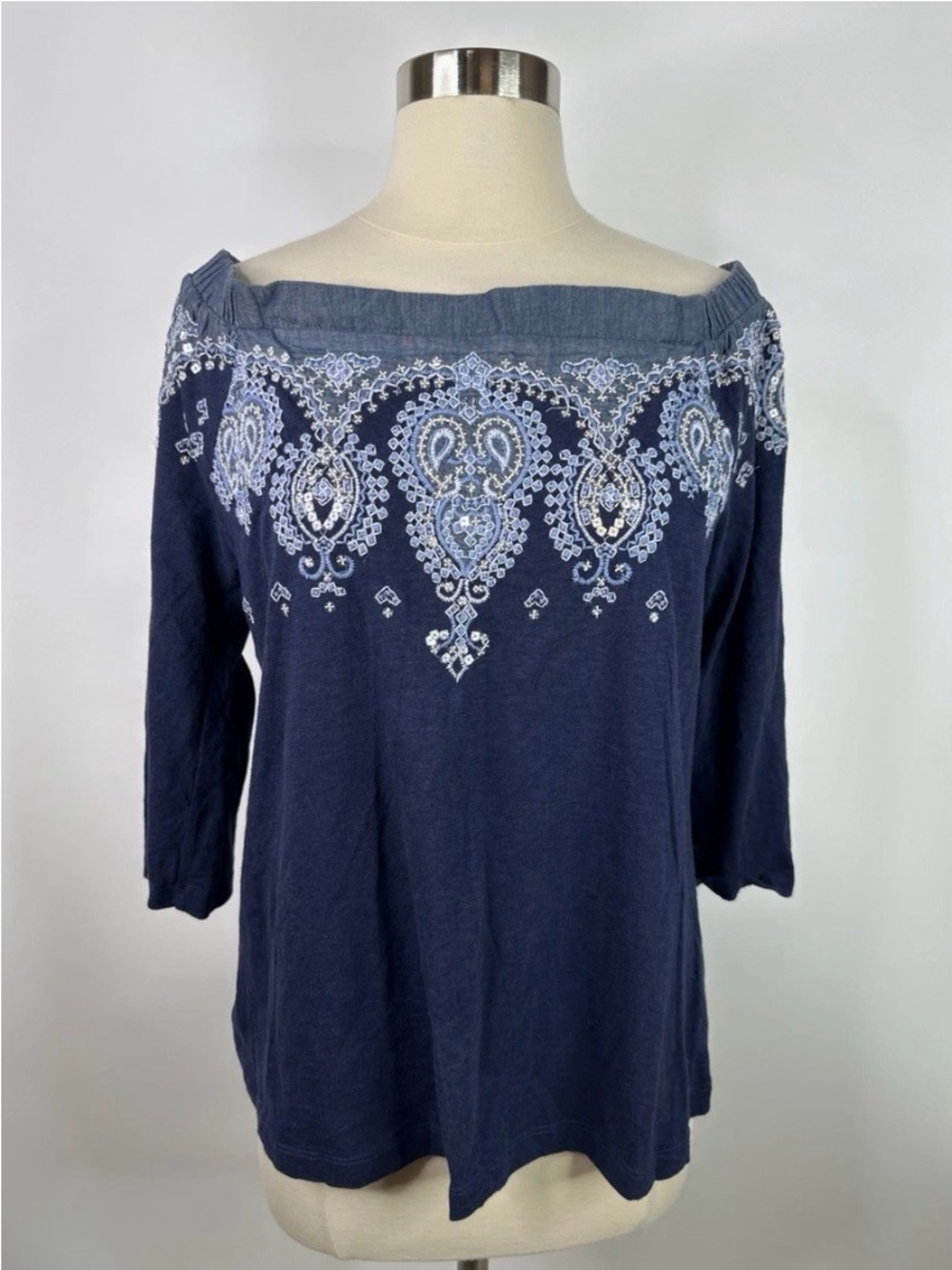 Chico's Navy Off-Shoulder cotton blend sequin embellished women’s top